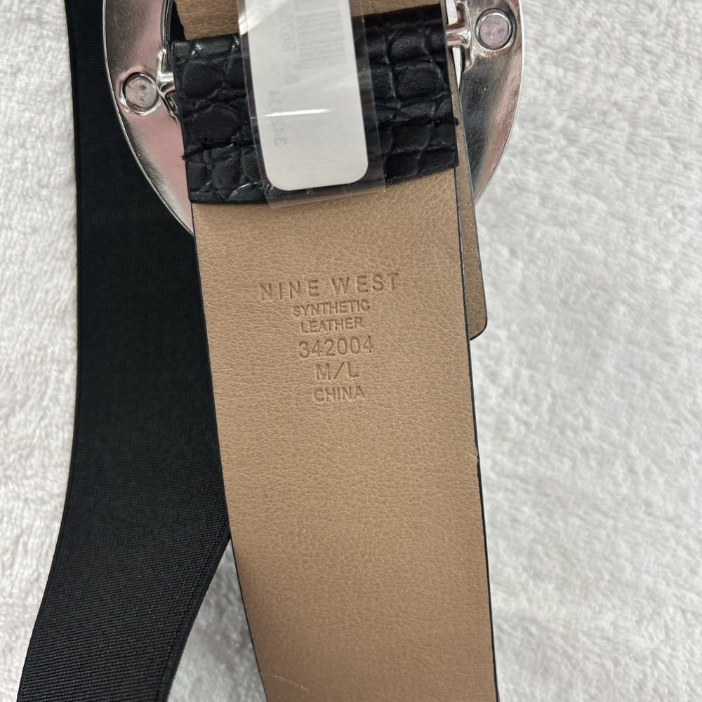 Nine West Black Faux Snake Pink Round Silver Buckle Stretch Belt Size M/L - Picture 4 of 7